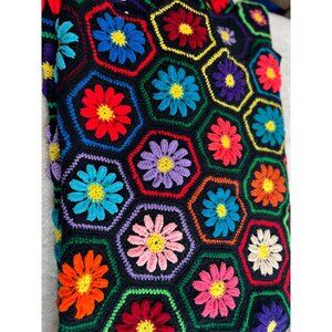 Handmade Colorful Floral Crochet Afghan Blanket 64"x74" Hexagon Granny Squares